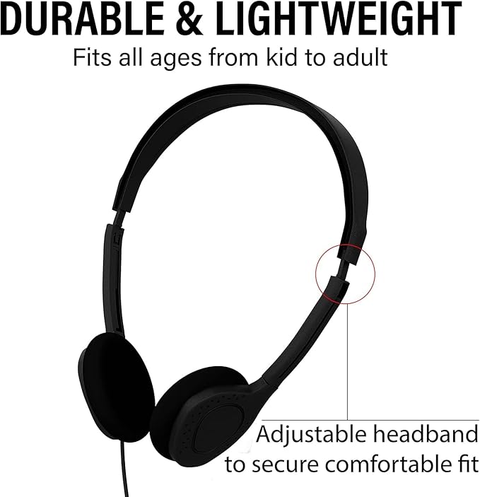 Maeline Bulk Classroom Student Headphones On Ear Stereo Headphones Flexible Adjustable Band for Kids Online Learning, Library, School, Airplane, Travel - 3.5mm Plug - 200 Pack - Multi
