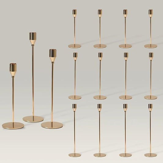Solid Taper Candle Holders Set of 15 Bulk, Champagne Gold Long Skinny Candlestick (Heights: 9/11/13 Inch), Heavy Iron Anti-Slip Base for Fireplace Mantle Table Centerpiece Christmas Decor