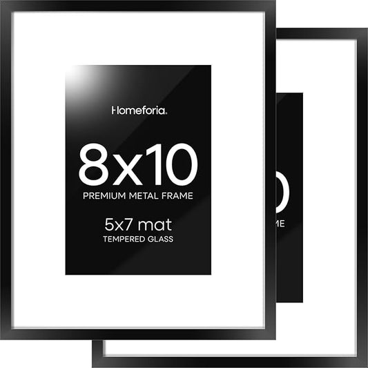 Homeforia Black Picture Frames 8x10, High End Metal 8 x 10 Photo Frame with Mat 5 by 7 Art, 10x8 Black Frame Matted to 5x7 inch Print, 8by10 Wall or Tabletop Frames, Tempered Glass, Wall Kit, Set of 2