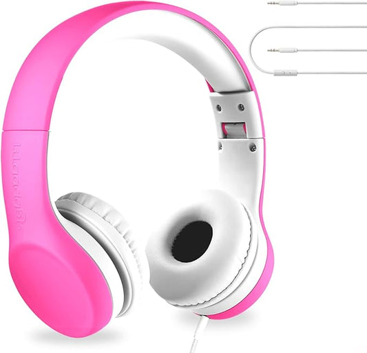 LilGadgets Connect+ Foldable Headphones, Adjustable Fit Soft Touch Padding for Kids with Mic, Volume-Limited & Noise Reduction On-Ear Wired Headset for School with SharePort - Pink, Ages 3-14