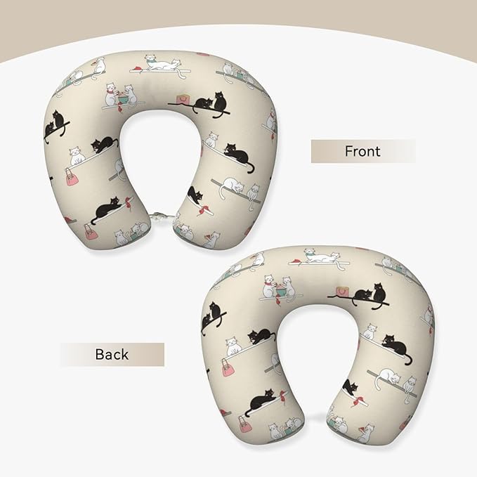 Memory Foam Airplane Pillow Cute Black and White Cat for Car Chin Head Neck Supporting, U Shape Pillows Travel Cushion for Office, Nap Sleeping