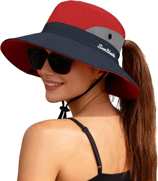 ZOORON Women's Ponytail Safari Sun Hat,Wide Brim UV Protection Outdoor Bucket Hat,Foldable Beach Summer Fishing Hat