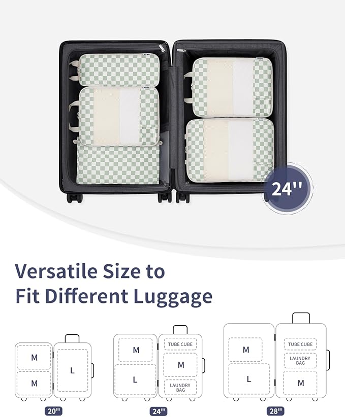 Narwey 5 Set Compression Packing Cubes for Travel, Luggage Packing Organizer Bags for Carry on Suitcase, Expandable Checkered Storage Bags with Laundry & Handle (Mint Green Checkerboard)