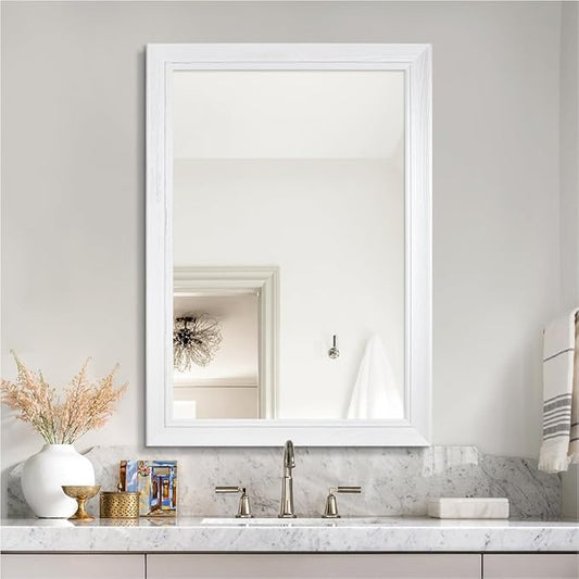 32" x 40" Rustic Wooden Framed Wall Mirror for Bathroom, White Wood Vanity Rectangle Mirror for Over Sink, Waterproof, Decor Bathroom, Living Room, Bedroom, Entryway, Horizontal/Vertical