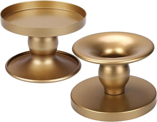 Table Gold Candle Holders – Set of 2 | Reversible Metal Candle Stand for Pillar & Taper Candles | Stylish Tabletop Candle Tray for Home Décor, Weddings & Special Occasions (Gold)