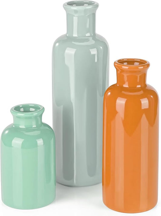 Small Ceramic Vase Set of 3, Boho Modern Flower Vase Room Decor, Farmhouse Decor, Vases for Your Kitchen, Bathroom, Bedroom, Living Room, Office&Shelf Centerpiece Table Decorations