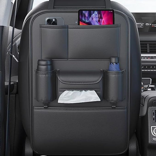Tumecos Car Backseat Storage Bag,Seat Back Organizer with Tissue Box,Multifunctional Kick Mat,Backseat Protector Cover Pad,Large Capacity Seat Back Storage Hanging Bag(Style A)