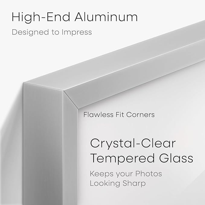 Homeforia A4 Picture Frame Silver, High End Metal 8.3 x 11.7 inch Silver Poster Frames with Mat 5.8 by 8.3 Art, A4 Frames Matted to A5 Photo, 8.3x11.7 Wall or Tabletop Frames, Tempered Glass, Set of 1