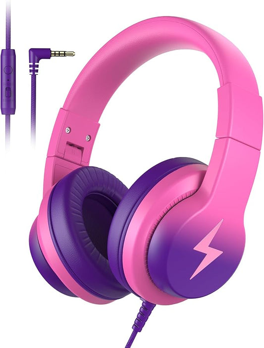 Kids Headphones, Wired Headphones for Kids Over Ear with Microphone, 85/94dB Volume Limiter Headphone for Girls Boys, Foldable Headphone for Learning, Deep Purple and Pink