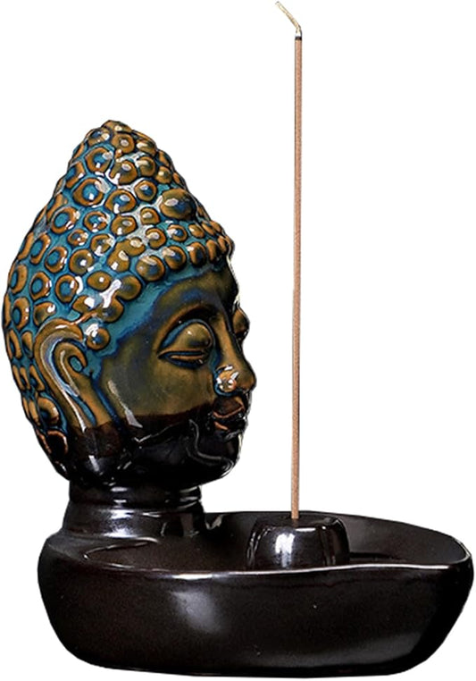 Buddha Head Incense Holder for Sticks, Small Ceramic Incense Burner Healing, Meditaiong, Zen, Timer of Spa or Yoga, with Ash Catcher (Blue)