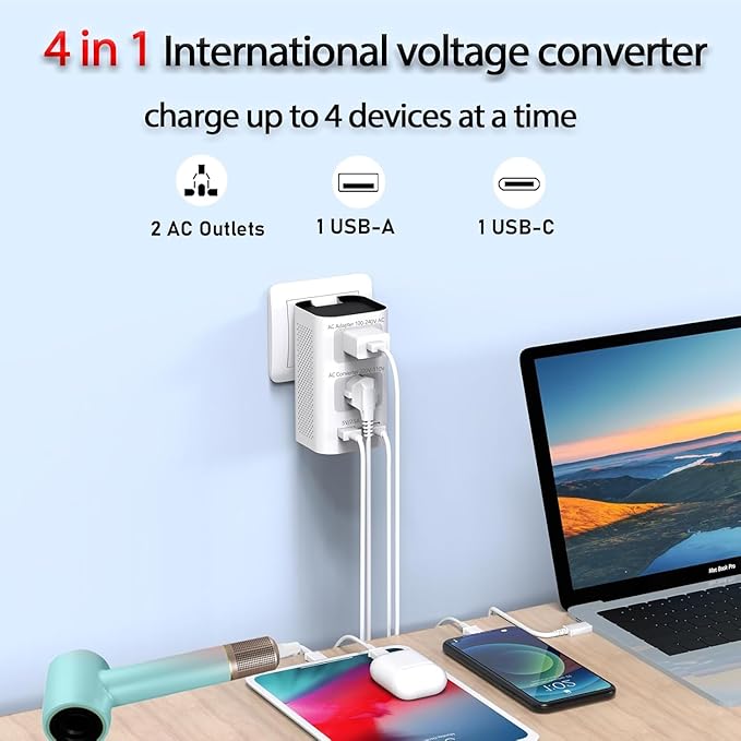 Mapambo 2000W 220V to 110V Voltage Converter US to Europe Power Converter European Travel Converter for Hair Dryer, Power Converter Adapter Combo with 1 Type C 1 USB A