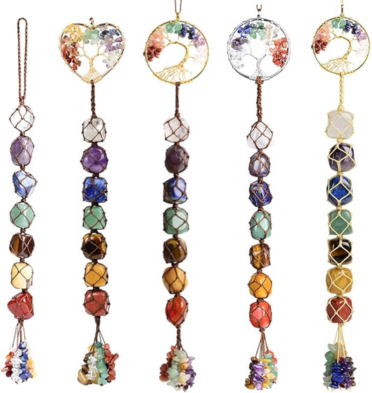 Anjiucc 7 Chakra Stone Healing Crystal Tree of Life Wall Hanging Home Interior Decoration，Window Decoration，Yoga Meditation