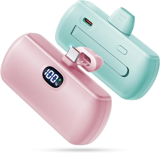 [2 Pack Mini Portable Charger USB C, 5000mAh Cell Phone Portable Power Bank, 22.5W Max Fast Charging Battery Pack for iPhone17/16/15/Android etc, Travel Essential, LCD Display, Pink&Green