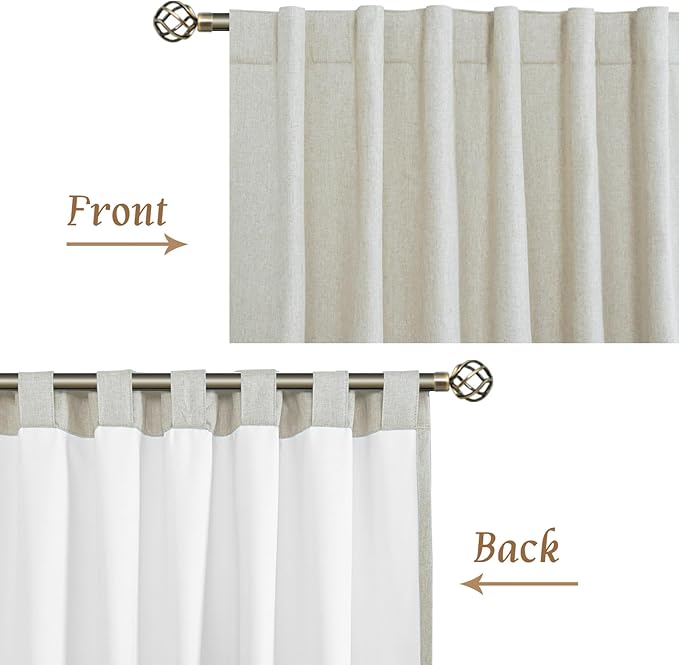 LAMIT 100% Blackout Linen Curtains, 63 Inches Linen Textured Thermal Bedroom Curtains Back Tab and Rod Pocket Neutral Panels with White Liner for Short Windows, 2 Panels, Stone, 42 x 63 Inch