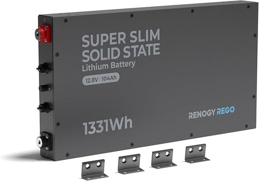 Lithium Battery 12V 104Ah LiFePO4 Solid State Battery 60+ BMS, 6000+ Cycles Life, 80% DOD, Super Slim 22.8x11.4x2.4, Lightweight, IP67 for RV, Marine, Off-Grid. Home Backup Energy