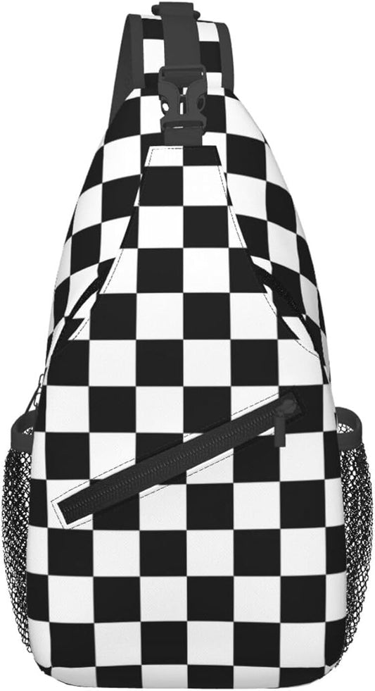 QFXUYNG Black White Race Checkered Flag Adult Sling Bag Unisex Chest Bags Crossbody Backpack Casual Daypacks Shoulder Bag for Women Men Cycling Hiking Travel