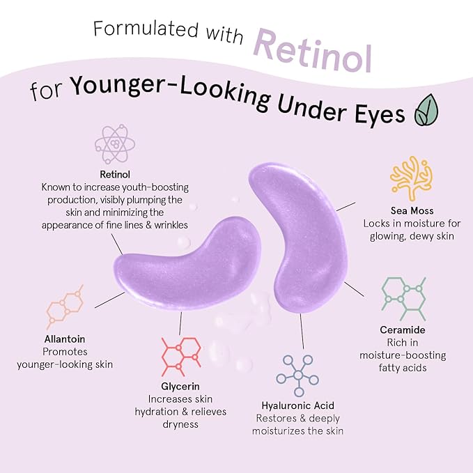 grace & stella Retinol Under Eye Patches for Puffy Eyes & Dark Circles - Restoring Gel Under Eye Masks with Hyaluronic Acid - Christmas Gifts for Teens, Birthday Gifts for Women (Purple, 24 Pairs)