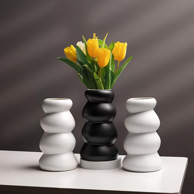 BosilunLife Ceramic Vase with Stacked Bubble Design – Boho Modern Sculptural Flower Vase for Home Decor, Shelf or Table Centerpiece (White)