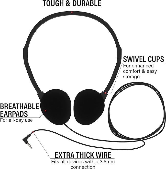 Maeline Bulk Classroom Student Headphones On Ear Stereo Headphones Flexible Adjustable Band for Kids Online Learning, Library, School, Airplane, Travel - 3.5mm Plug - 300 Pack - Multi