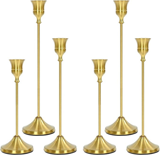 Candlestick Holders 6 PCS, Metal Taper Candle Holder, Brass Gold Candle Holders for Pillar Candles, Vintage Dining Table Centerpiece Decorations for Wedding Party Christmas Halloween Decor