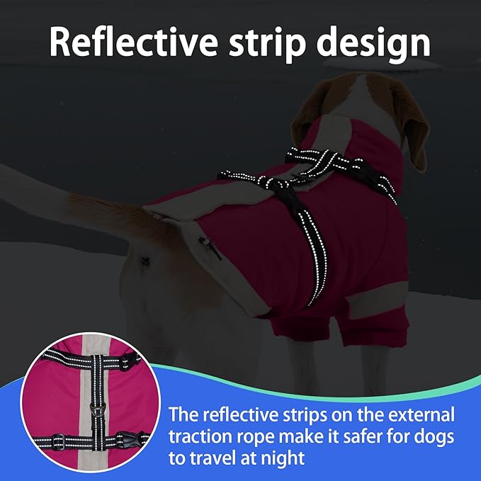 MIGOHI Ultra Thick Dog Jacket,Reflective Medium Dog Coat with Harness Built in,Warm Pet Winter Coat Zip Up Puffer Jacket with Furry Collar for Medium Dogs with Legs Outdoor Adventure,L,Rosered