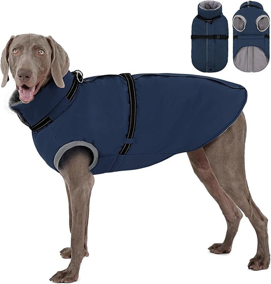 AOFITEE Dog Coat for Large Dogs, Warm XL Dog Jacket Winter, Pet Winter Coat with Harness Built in, Fleece Lined Pet Puffer Jacket Reflective Waterproof Snowsuit for Extra Large Dogs, Blue XL