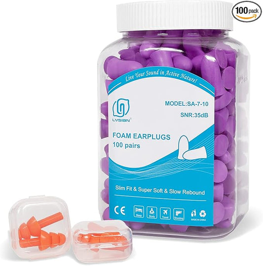 LYSIAN Slim Size Foam Ear Plugs for Small Ear Canals Women, Kids, 100 Pairs, 35dB SNR Noise Canceling Earplugs for Sleeping, Work and Study (Purple)