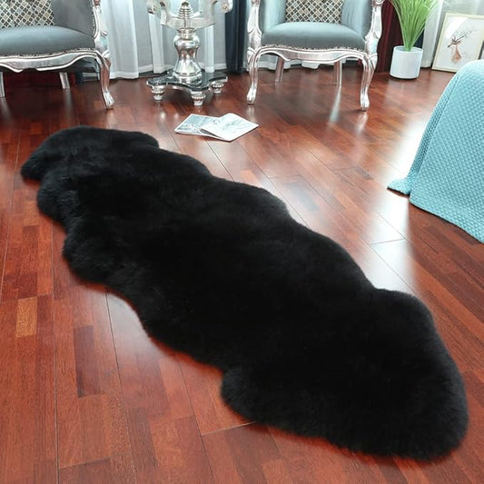 LLB Genuine Sheepskin Area Rug Wool Rug Fur Carpet Fluffy Shaggy Fur Rug for Living Room Kids Bedroom Real Sheepskin Throw Lambskin Rugs Sofa Mat Chair Seat Covers (Black, 2 x 6 ft Sheepskin)