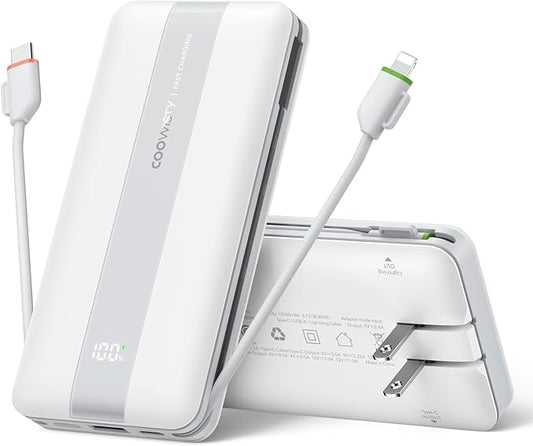 Fast Charging Power Bank, USB C Portable Charger Built-in Cables and Wall Plug, 10500mAh 22.5W 4 Outputs 3 Inputs LED Display External Battery Pack Compatible with iPhone/Android (White)
