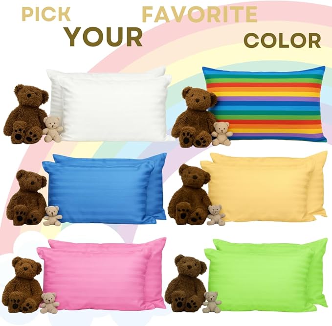 kinder Fluff Pre-Teen Pillows (2Pack) 17x26in - Pillows for Kids Age 12+, 100% Cotton Sateen Stripes 300T, Down Alternative Fill, Machine Washable - Children & Travel Cushion - Yellow - XL