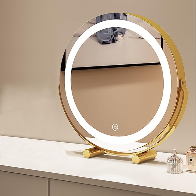 FERKAP Tabletop Vanity Mirror with Lights Lighted Makeup Mirror Touchscreen Control 3 Color Lighting Modes 360°Rotation High Definition Lighted Up Mirror (Color : Gold, Size : 19.7"X21.3")