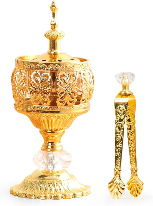 Gold Incense Burner Holder, Bakhoor Frankincense Charcoal Censer Resin Stand with Tongs, Ideal for Aromatherapy Yoga Spa, Home Christian Church Decor