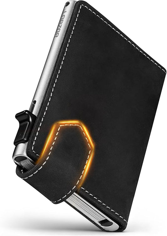 LORZOR Slim Wallet for Men with Security Latch, Pop Up Metal Card Holder Wallet, Finest Full Grain Leather Bifold Wallets, Smart, Minimalist, RFID Blocking, Front Pocket, ID Window