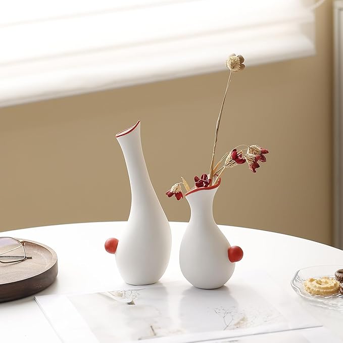 Ceramic Duck Flower Vases Set of 2 - Modern Minimalist Abstract Goose Statues for Home Decor - Cute Small Bud Vase for Centerpieces, Bookshelf, Mantle, Entryway Table(Red)