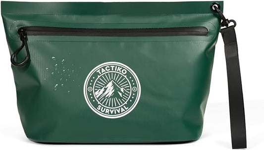 Tactiko 3L Water Resistant Pouch - Waterproof Material w/Splashproof Zipper - Hold All Zipper Bag for Storage, Toiletries, Travel, Beach, Cruise, Home (Green)