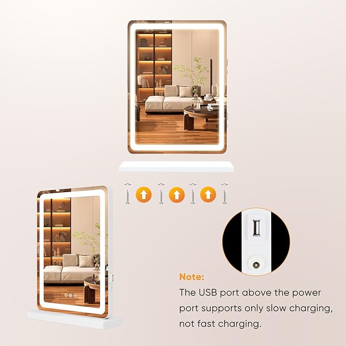 DUMOS 17“x13.2” LED Makeup Mirror with Lights for Vanity, Dimmable 3 Color Modes Makeup Mirror with Memory Function, USB Charging, Aluminum Frame, Lighted Mirror for Desk or Bedroom