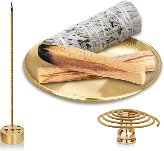 Incense Holder 5.5 inches, 5 in 1 Incense Burner, Palo Santo Holder, Sage Holder, Incense Holder for Sticks/Coil Incense/Incense Cones, Brass Insence Sticks Holder Meditation Accessories for Yoga Room