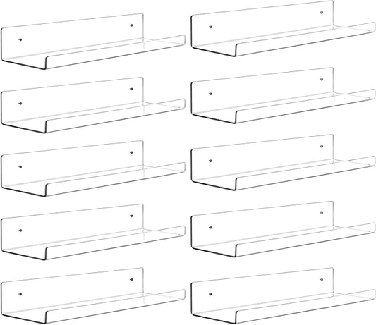 Dezzer 10 Pack Acrylic Shelves for Wall, 15" Clear Acrylic Floating Shelves for Bathroom Bedroom, Invisible Bookshelf Wall Ledge Storage Shelf Books Perfume Toys Action Figure Display Shelves