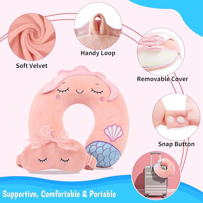 Sexysamba Travel Pillow for Kids Adults with Sleep Eye Mask Cute Cartoon U Shaped Memory Foam Neck Pillows for Travel Head Rest & Neck Support for Airplane, Car, Office Sleeping, Pink Mermaid