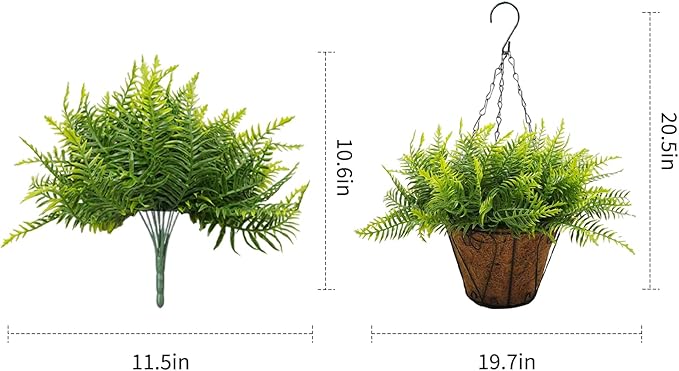 Towallmark Hanging Planters with Plant Hangers 2-Pack Artificial Green Fern 25CM Straight Coconut Fiber Baskets with Sturdy Iron Hanging Chains