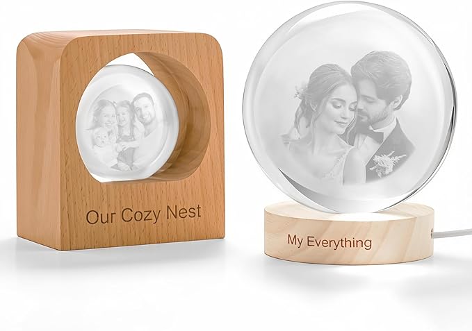Custom 3D Crystal Photo Night Light Personalized Photo Crystal Ball Engraved Picture Lamp with Wood Base Memorial Gift for Pets Family Couple Birthday Valentine's Day (Style 2)