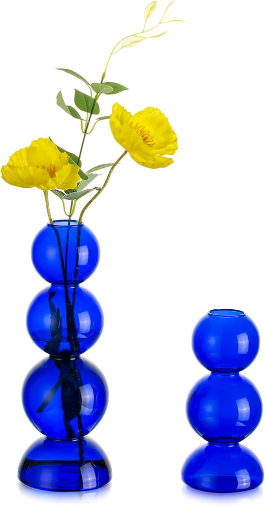 Glass Bubble Vases for Flowers, Hewory 2pcs Blue Unique Cute Single Flower Vase for Centerpieces, Funky Aesthetic Vase Skinny Bud Vase, Cool Groovy Decor for Home Living Room Bedroom Office Tabletop