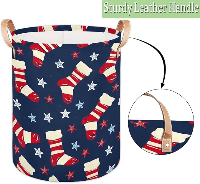 Sock Pattern Stars Laundry Basket Foldable Laundry Baskets With Leather Handles for Bedroom Bathroom Toys Decorative Basket