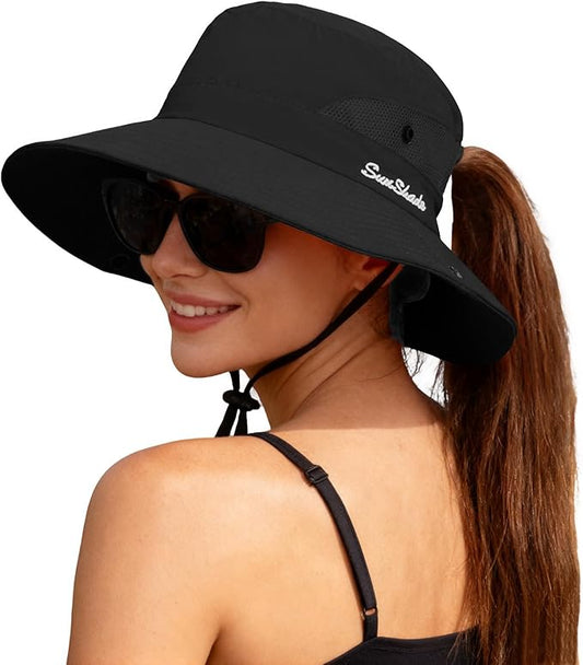 ZOORON Women's Ponytail Safari Sun Hat,Wide Brim UV Protection Outdoor Bucket Hat,Foldable Beach Summer Fishing Hat