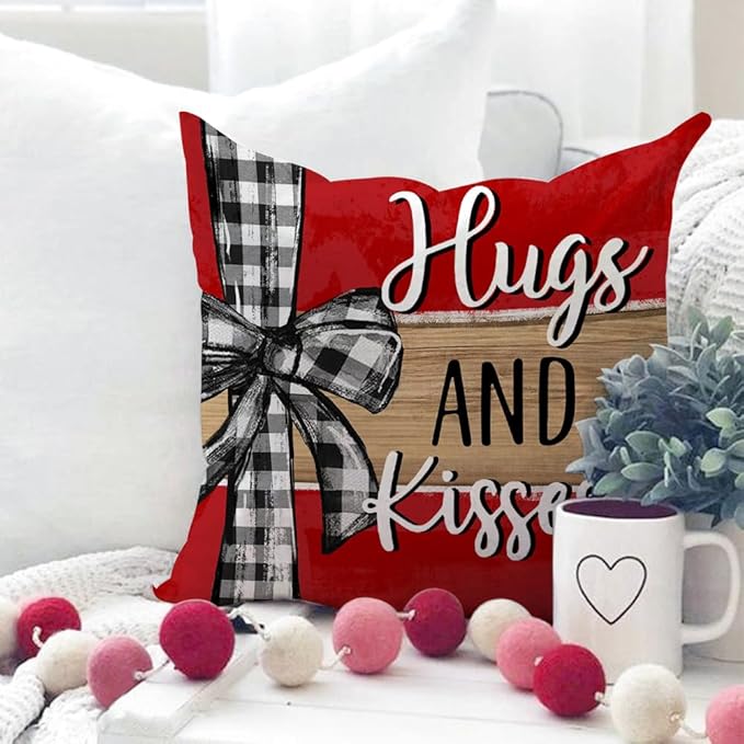 GEEORY Valentine's Day Love You More Hugs and Kisses Throw Pillow Covers 20x20 Inch Set of 4, Red Hearts Stripes Decorative Farmhouse Wedding Cushion Case for Home Decoration G652-20