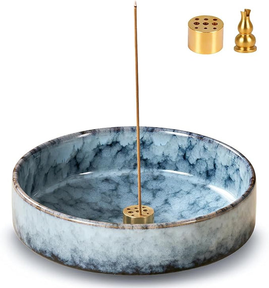 5.9" Ceramic Incense Holder with 10 Holes,5in1 Incense Tray for Sticks,Coil,Cone,Sage,Palo Santo,Handcrafted Burner Ash Catcher Smudge Bowl for Yoga Meditation Energy Cleansing Room Décor,Blue