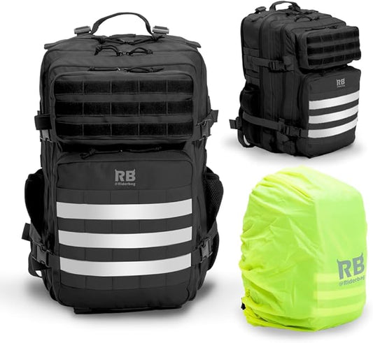 Xtreme 45L Tactical Backpack – Large Travel and Hiking Pack with 16 inch Laptop Sleeve, Stick Holder, Double Bottle Pockets, Recycled Fabric Shell, Rain Cover (Black)