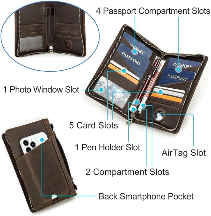 CONTACTS Full Grain Leather Travel Passport Holder for 4 Passports with Airtag Slot Family Passport Wallet RFID Blocking Passport Organizer