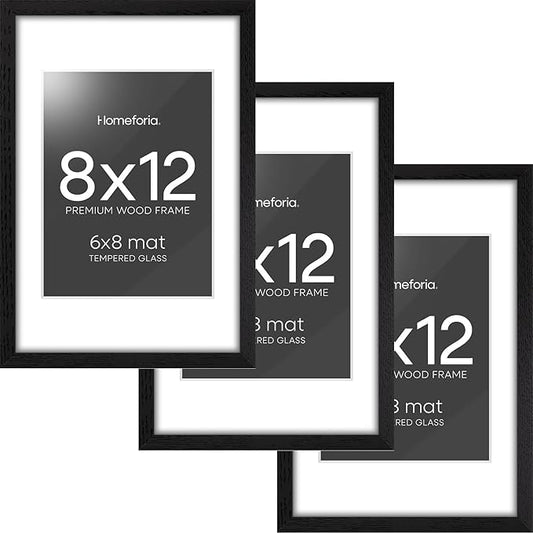 Homeforia 8x12 Black Picture Frame, High End Oak 8 x 12 Wood Frames with Mat 6 by 8 Print, 8by12 Wooden Frame Matted to 6x8 inch Photo, 12x8 Wall or Tabletop Frames, Tempered Glass, Wall Kit, Set of 3