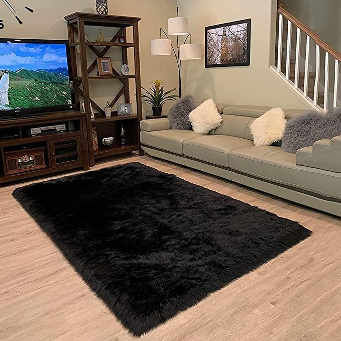 LAMBZY High Pile Super Soft Faux Sheepskin Rug (Black, 2'x3')